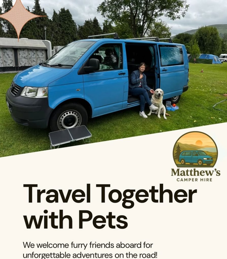 A woman and her white dog sitting in the open side door of a blue Matthews Camper Hire VW T5 van at a campsite, with text "Travel Together with Pets" and the company logo, indicating pet-friendly campervan rentals.
